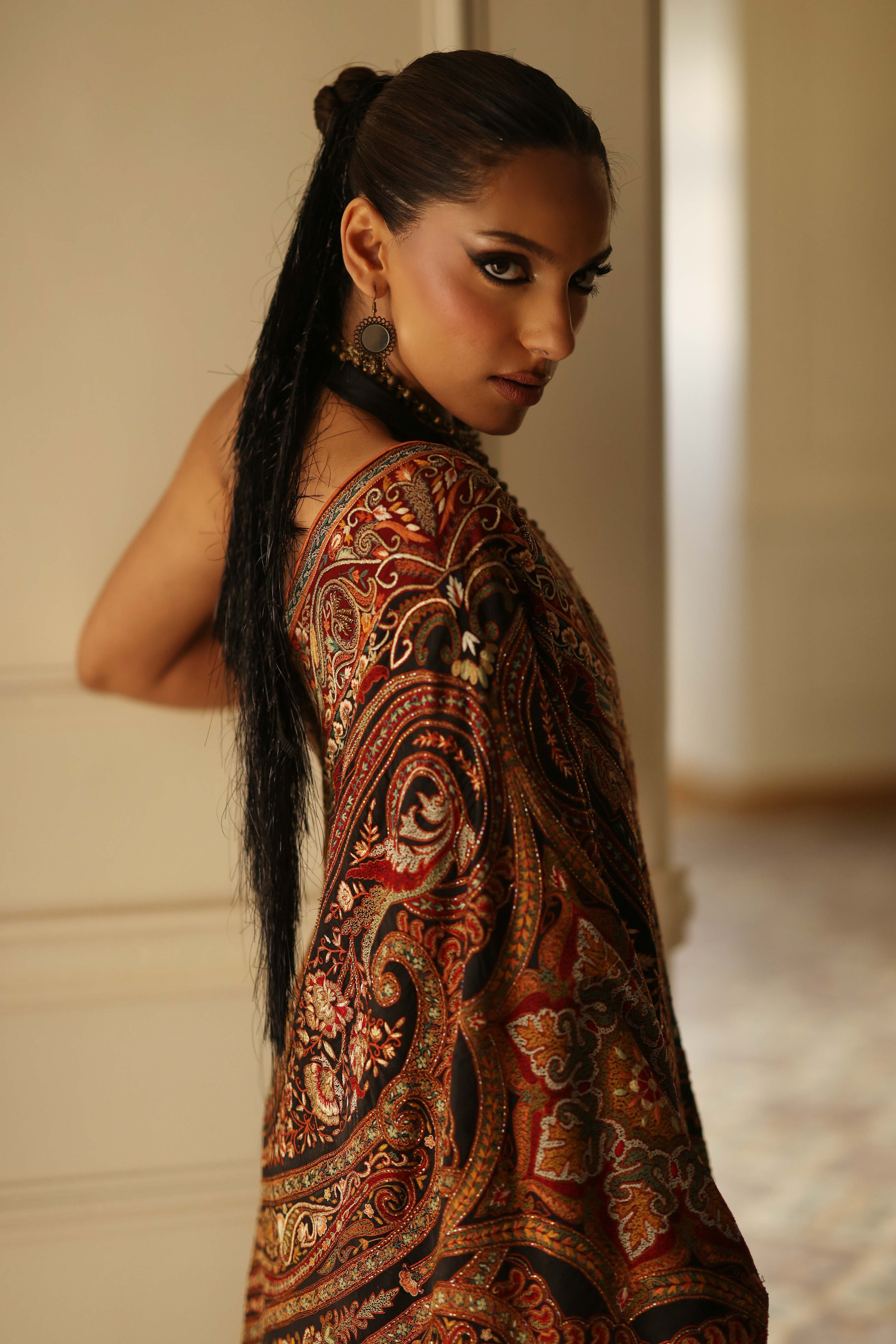 Black, Rust & Gold Kashida Kari Dupatta