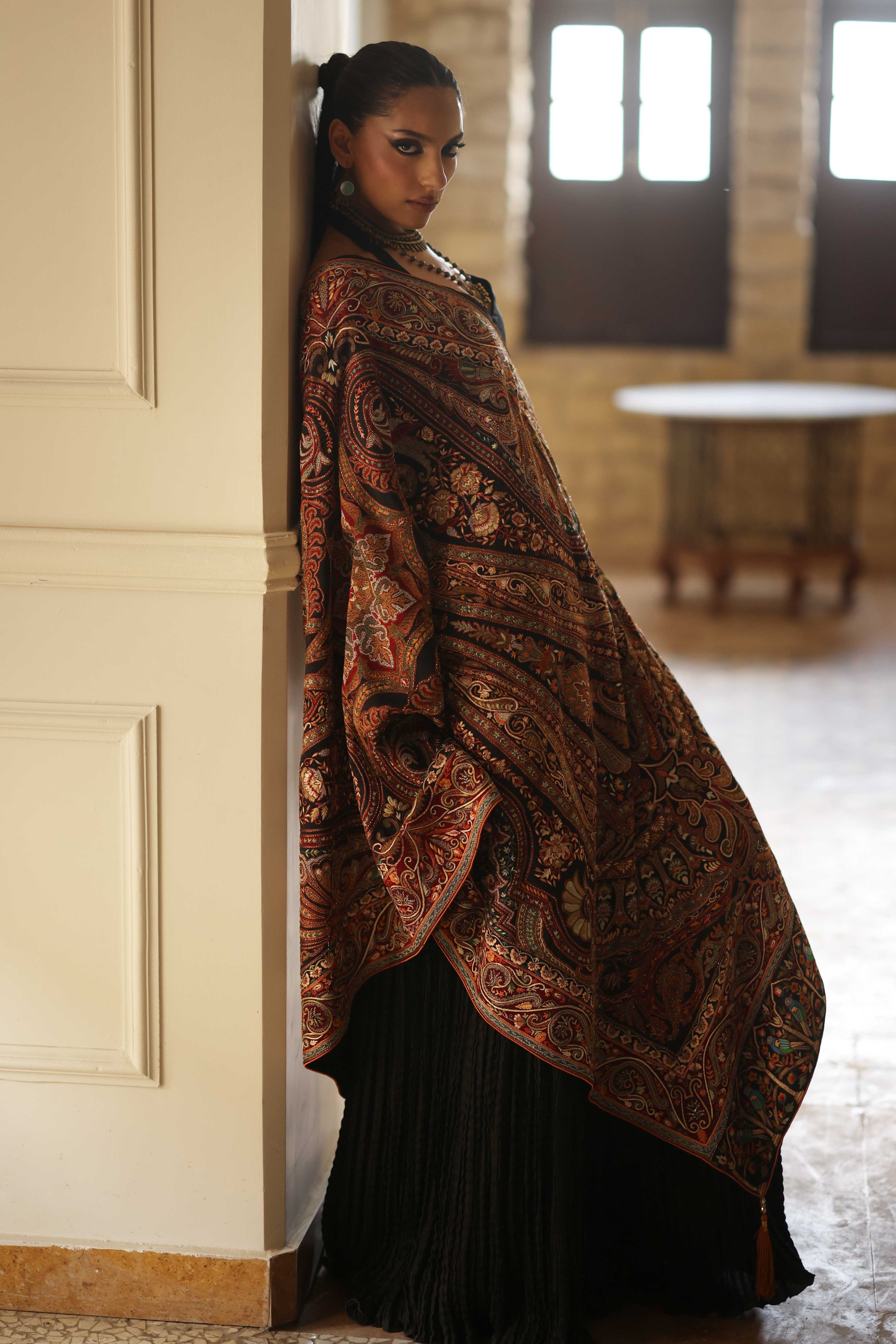 Black, Rust & Gold Kashida Kari Dupatta