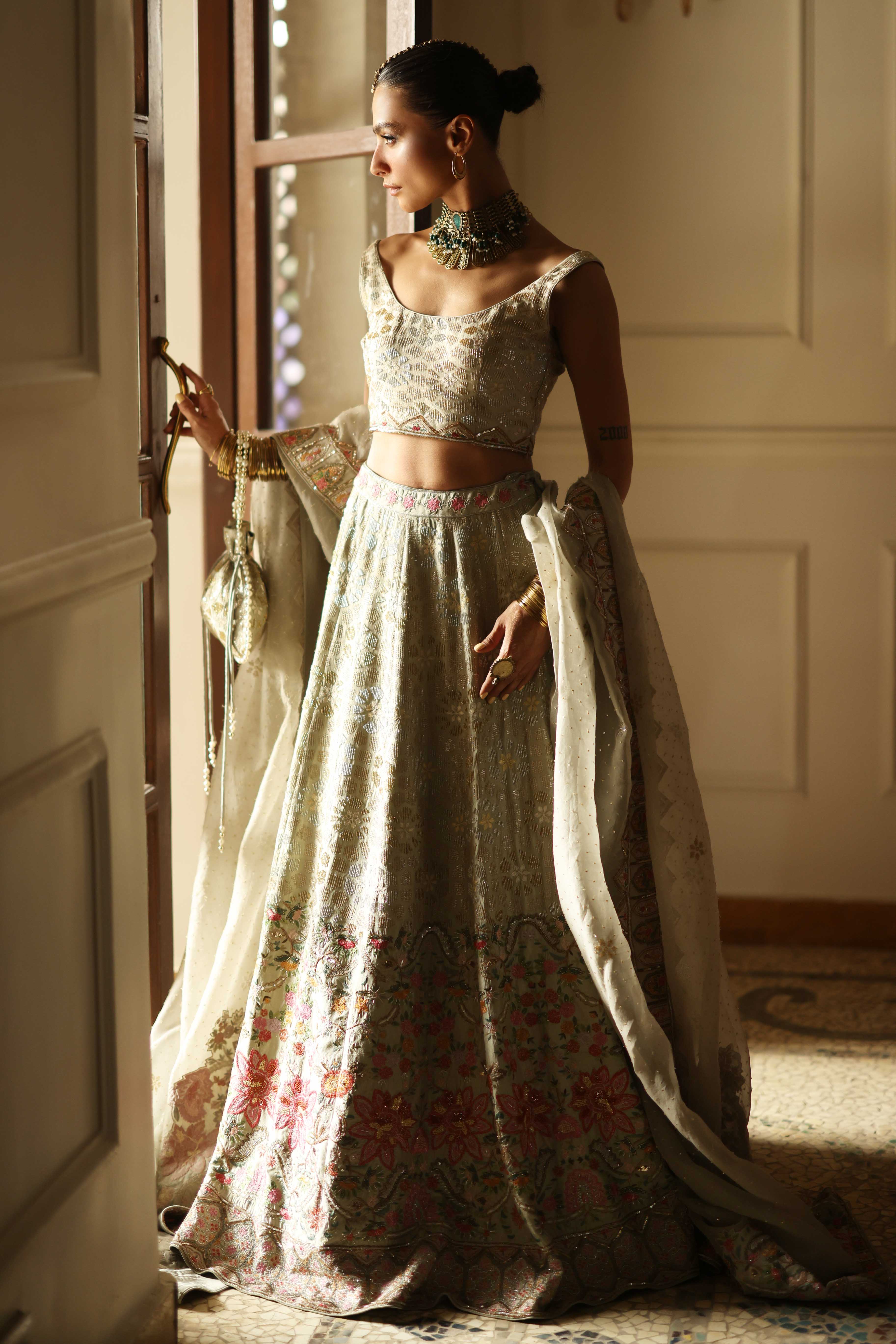 Pastel Green & Gold Kashida Kari Lehenga