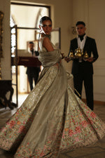 Load image into Gallery viewer, Pastel Green &amp; Gold Kashida Kari Lehenga
