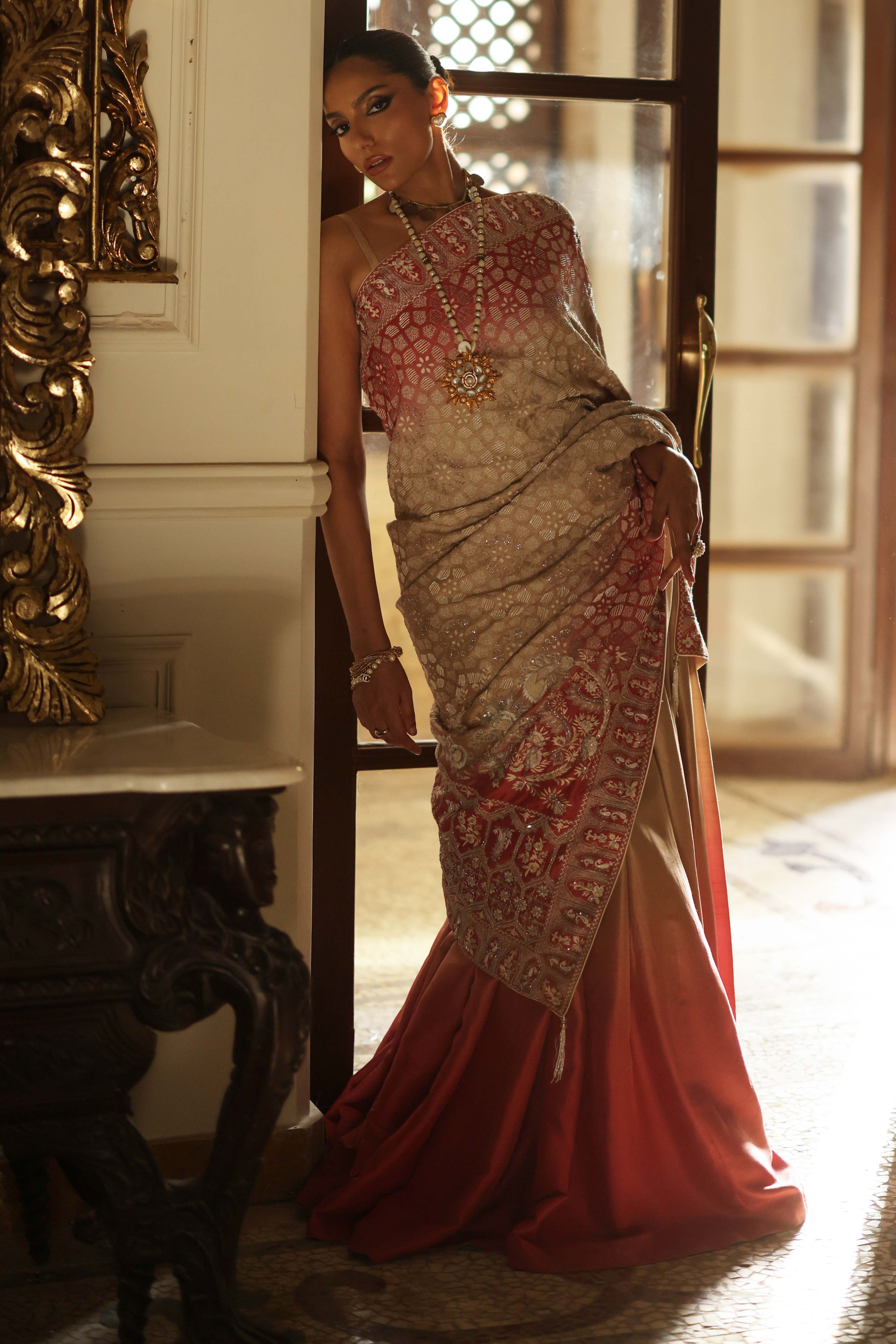 Ivory and Pink Ombre Kashidakari Dupatta