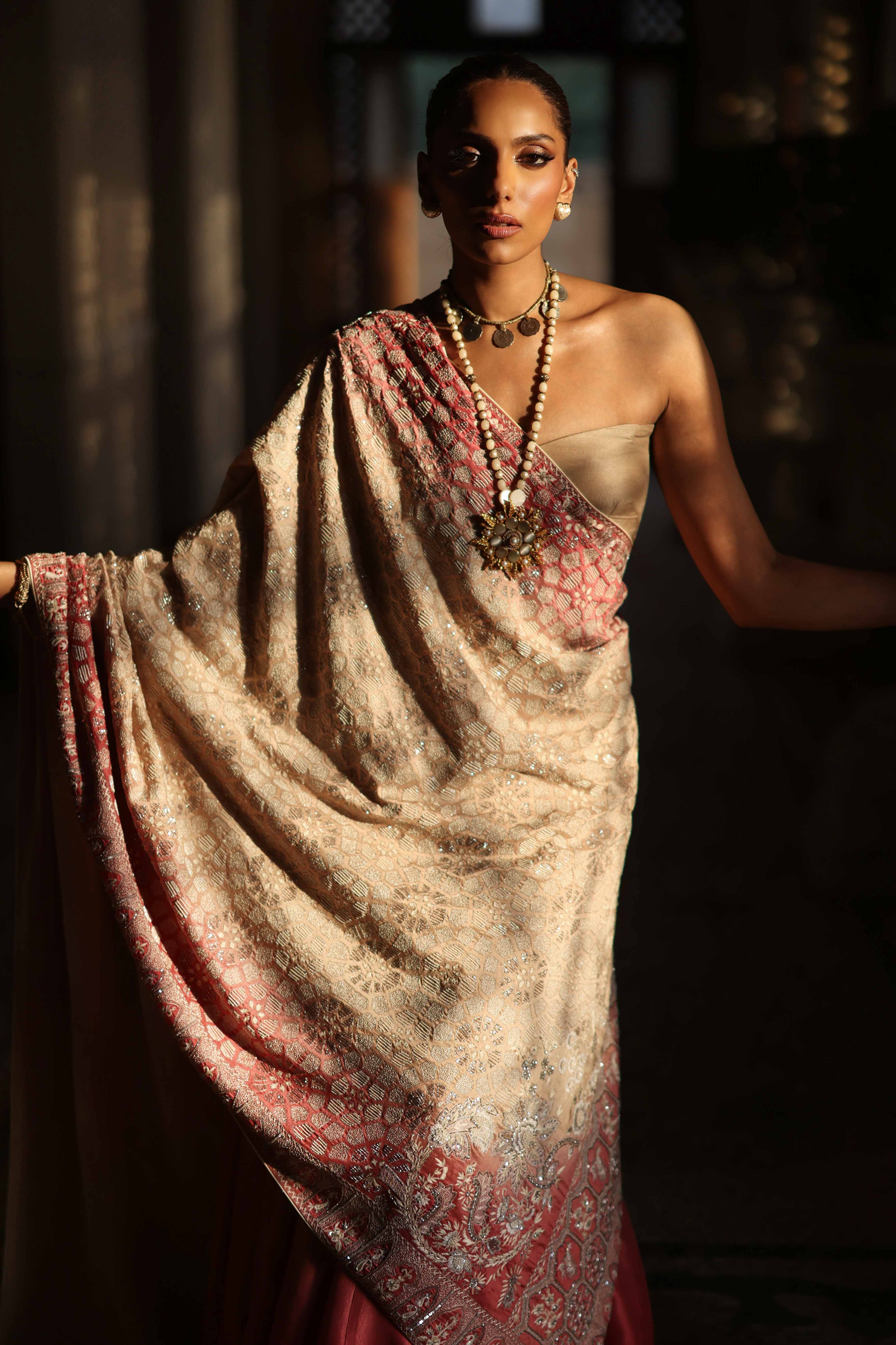 Ivory and Pink Ombre Kashidakari Dupatta