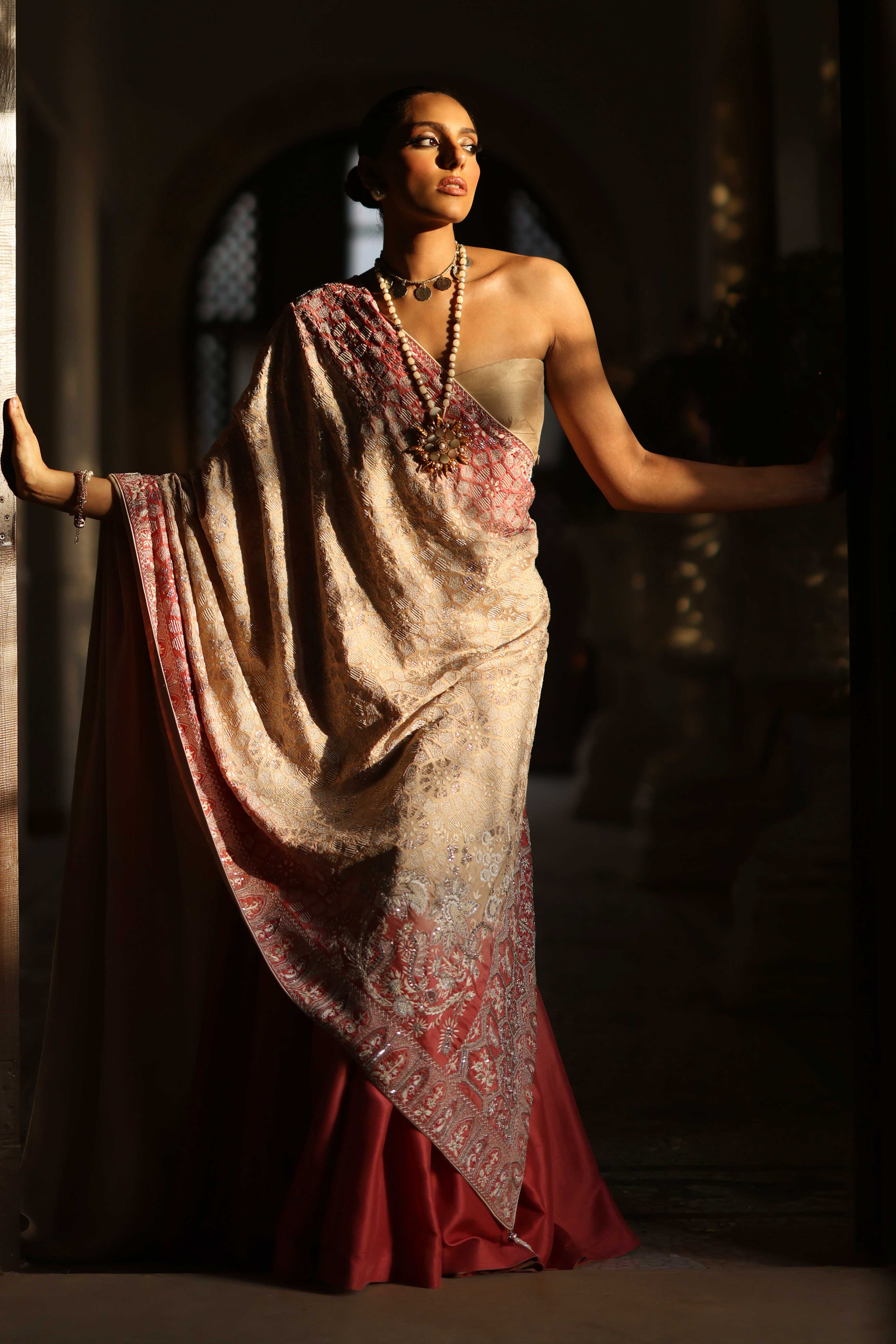 Ivory and Pink Ombre Kashidakari Dupatta