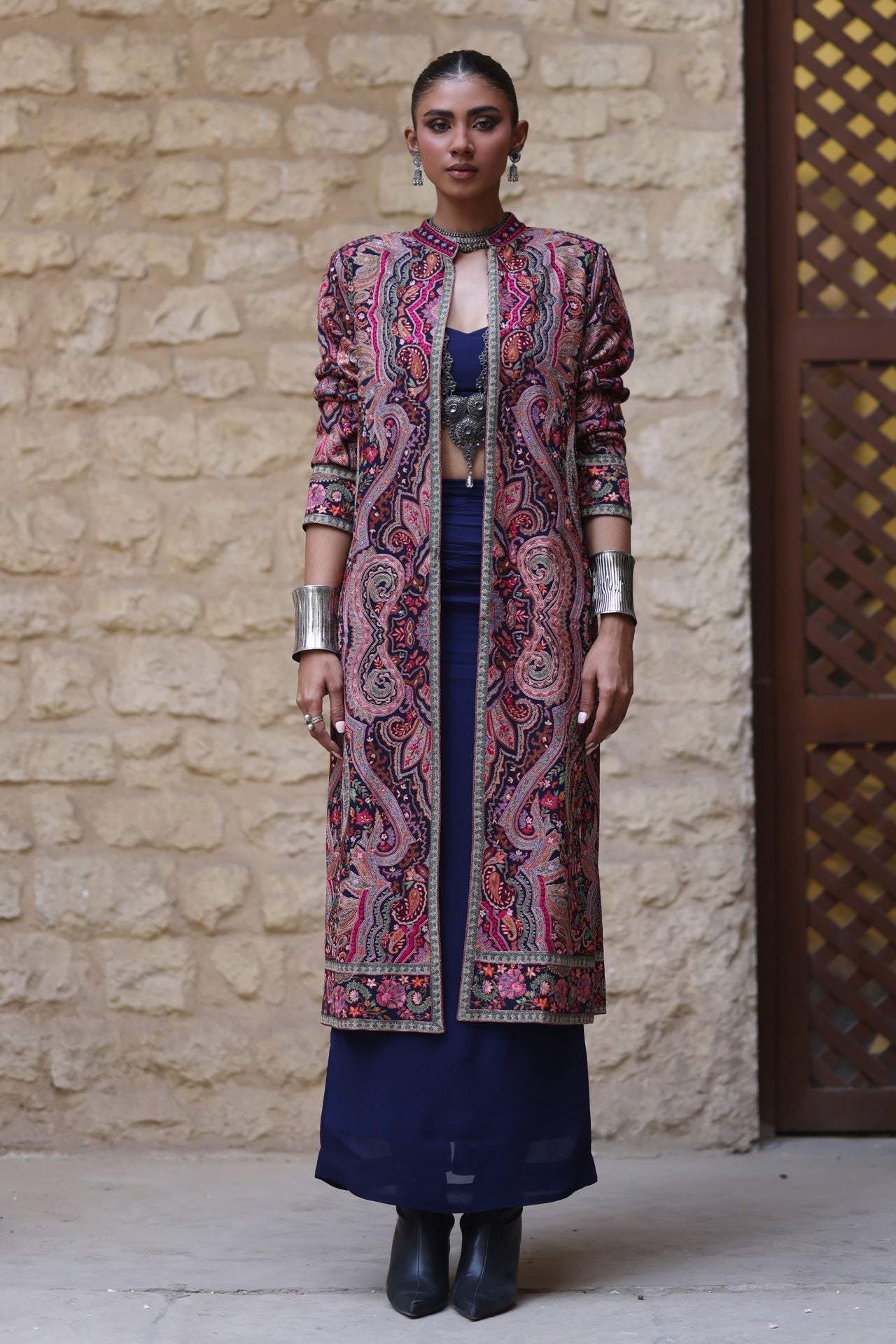 Midnight Blue & Pink Kashida Kari Jacket