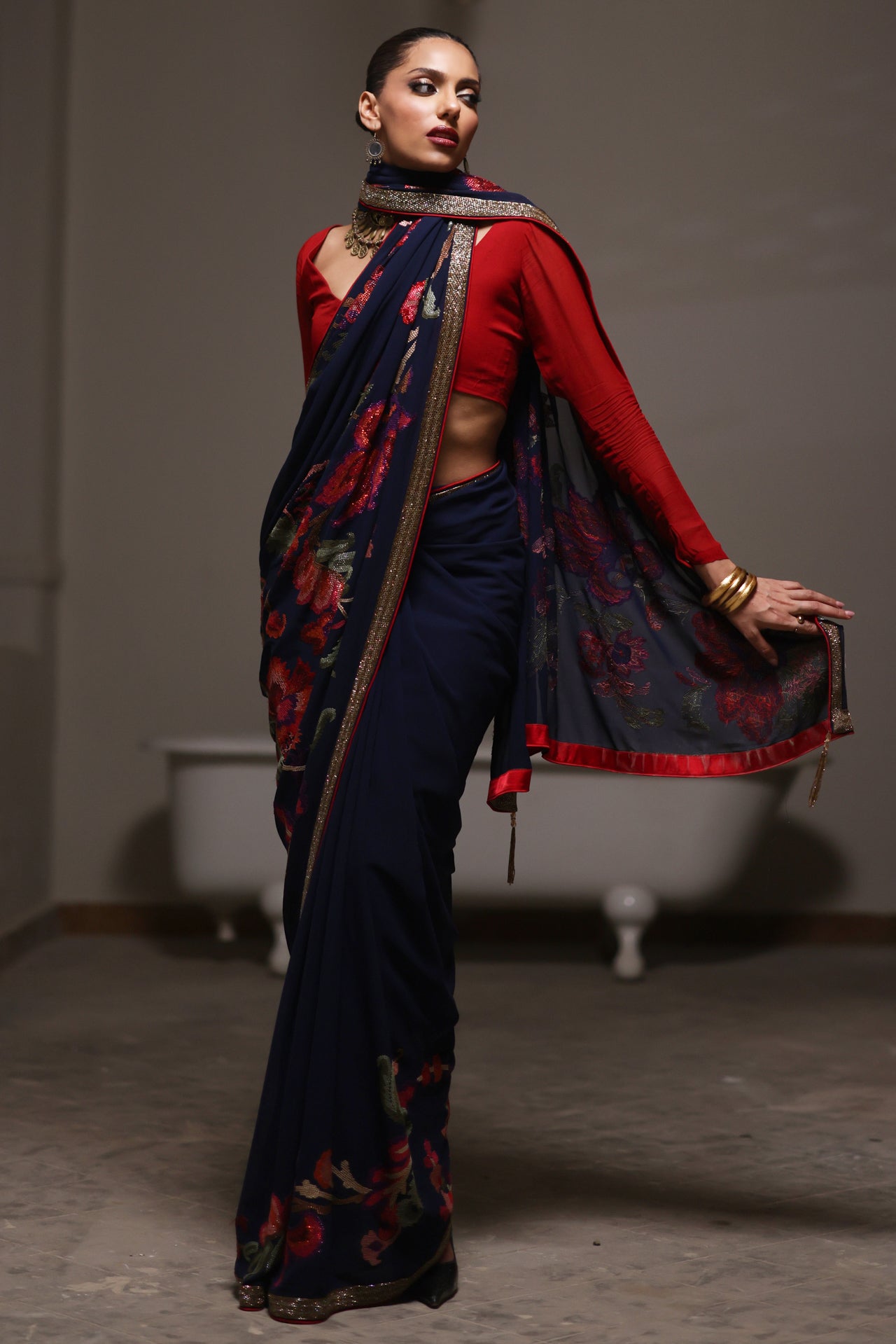 Navy Blue & Red Floral Sequins Saree