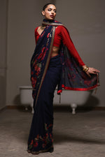 Load image into Gallery viewer, Navy Blue &amp; Red Floral Sequins Saree
