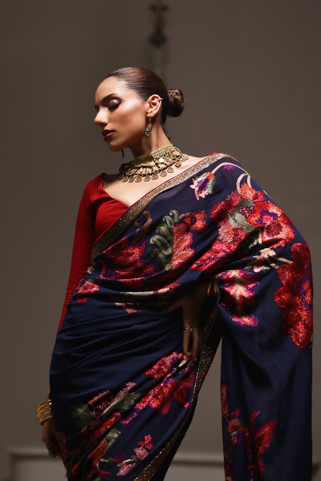 Navy Blue & Red Floral Sequins Saree