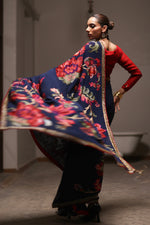 Load image into Gallery viewer, Navy Blue &amp; Red Floral Sequins Saree
