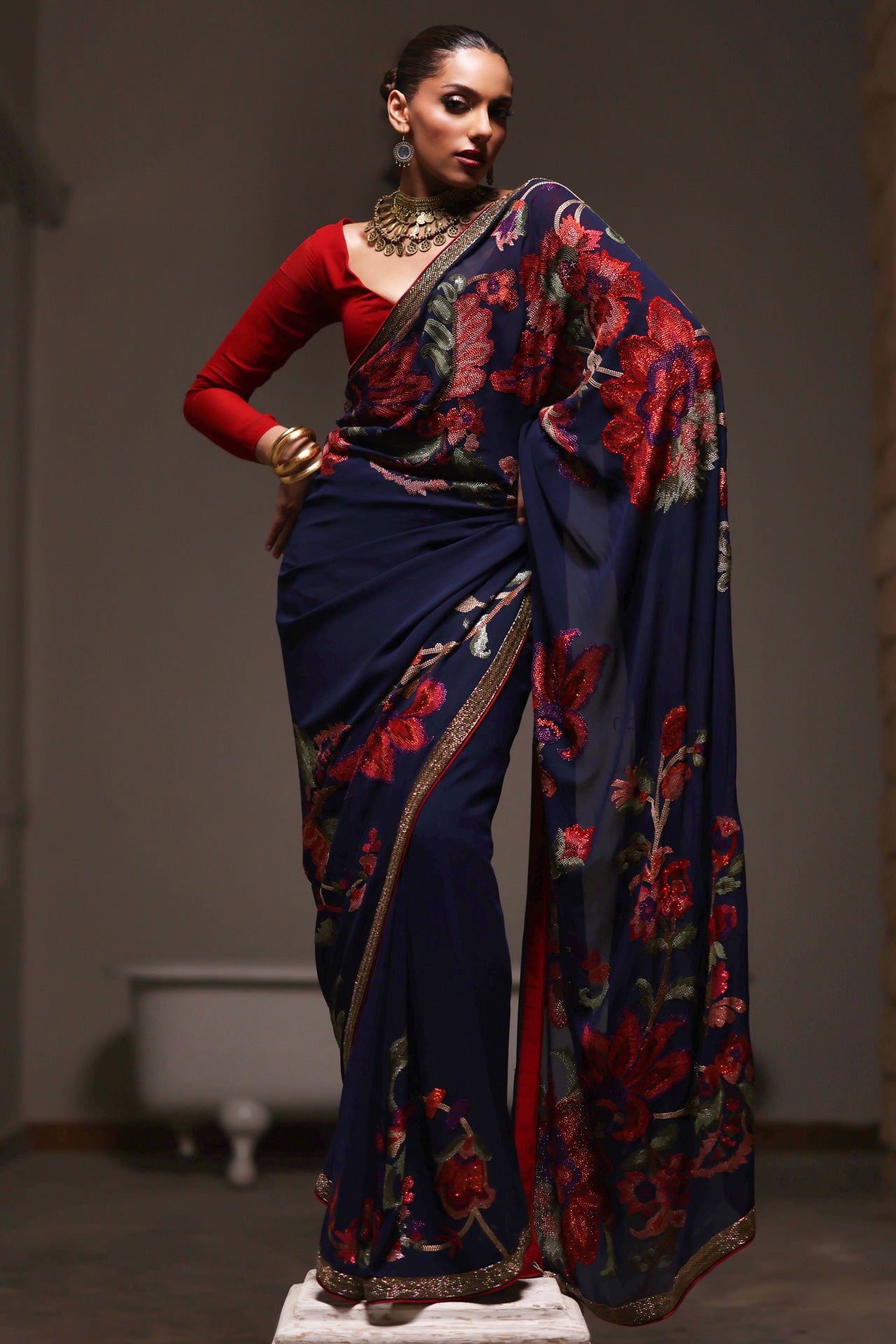 Navy Blue & Red Floral Sequins Saree