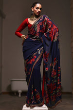 Load image into Gallery viewer, Navy Blue &amp; Red Floral Sequins Saree
