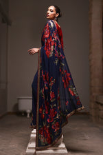 Load image into Gallery viewer, Navy Blue &amp; Red Floral Sequins Saree
