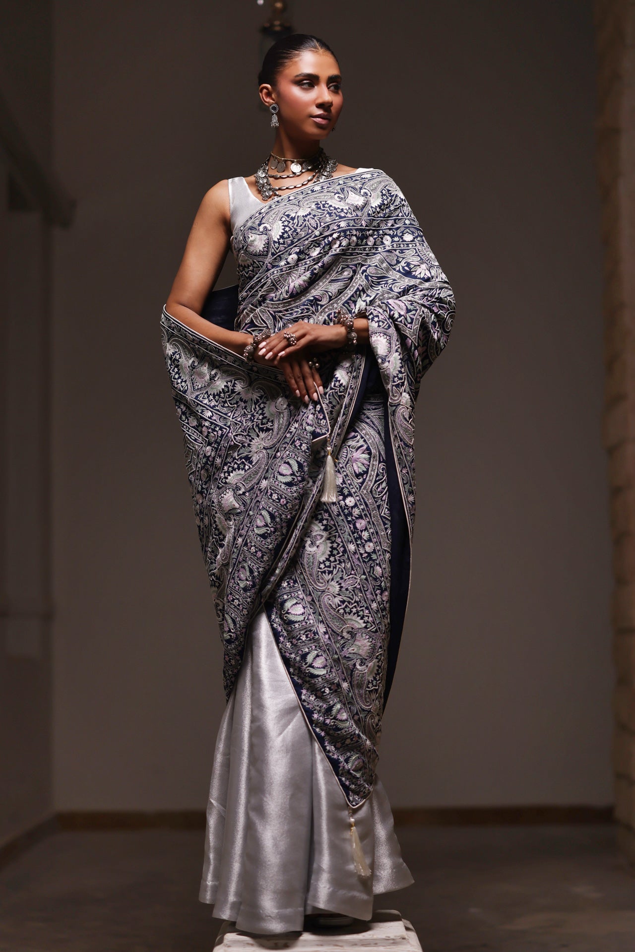 Indigo Blue And Pastel  Kashidakari Dupatta