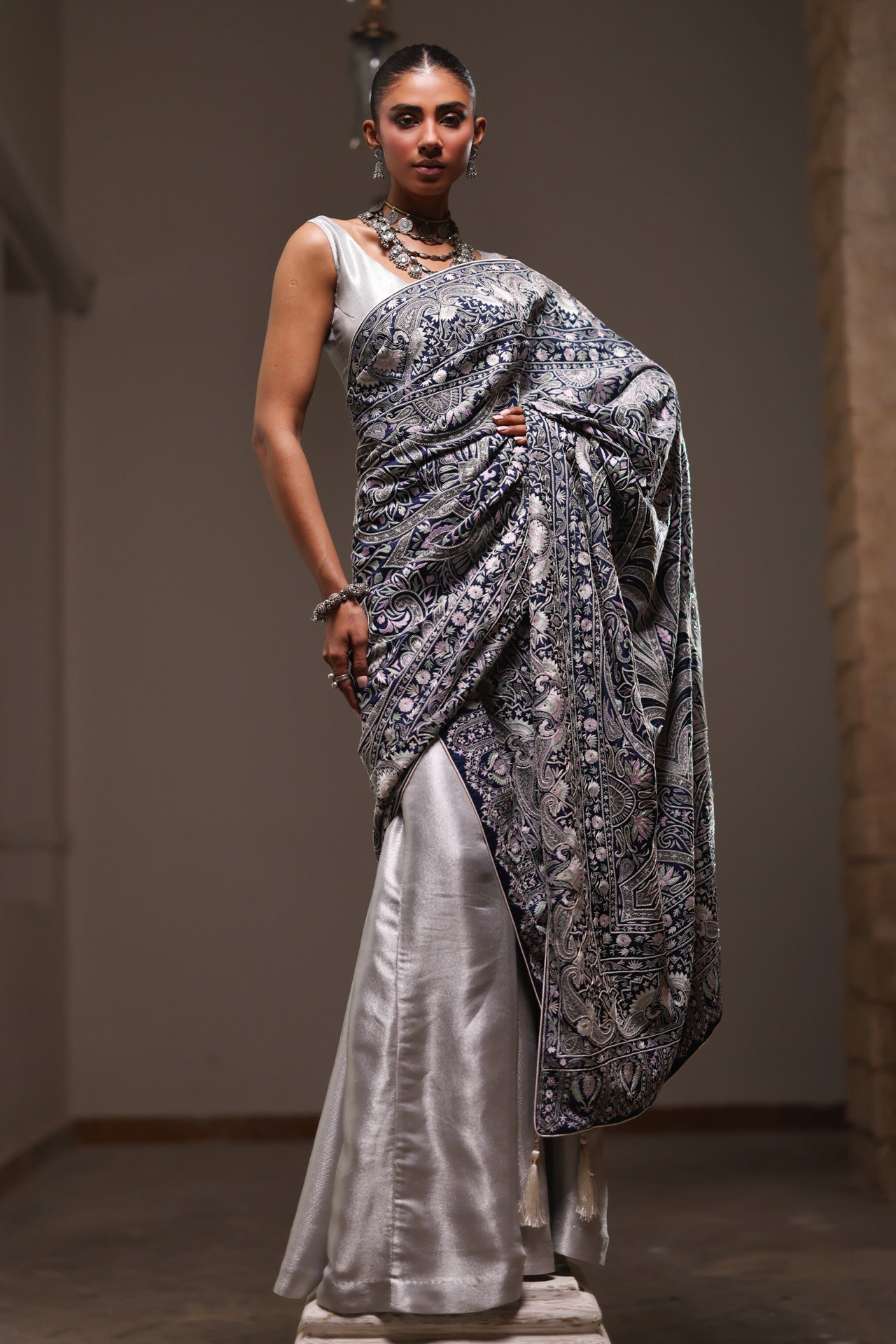 Indigo Blue And Pastel  Kashidakari Dupatta