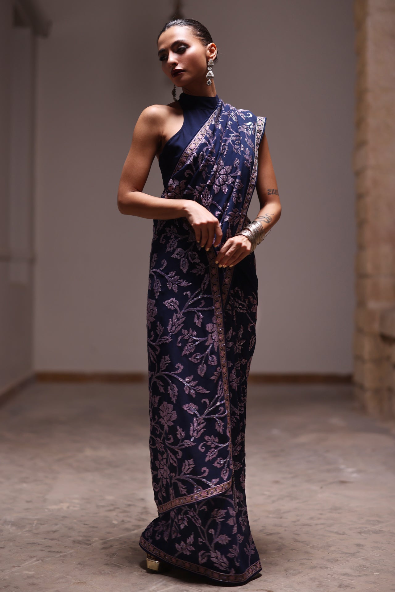 Navy Blue & Mauve Sequins Saree