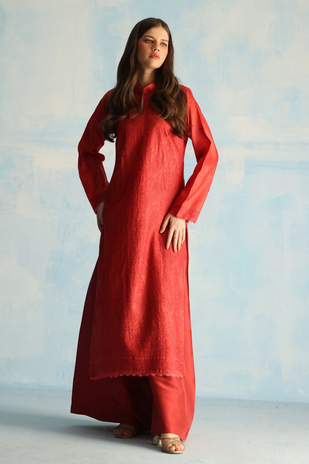 Tomato Red Tusser Silk Kurta