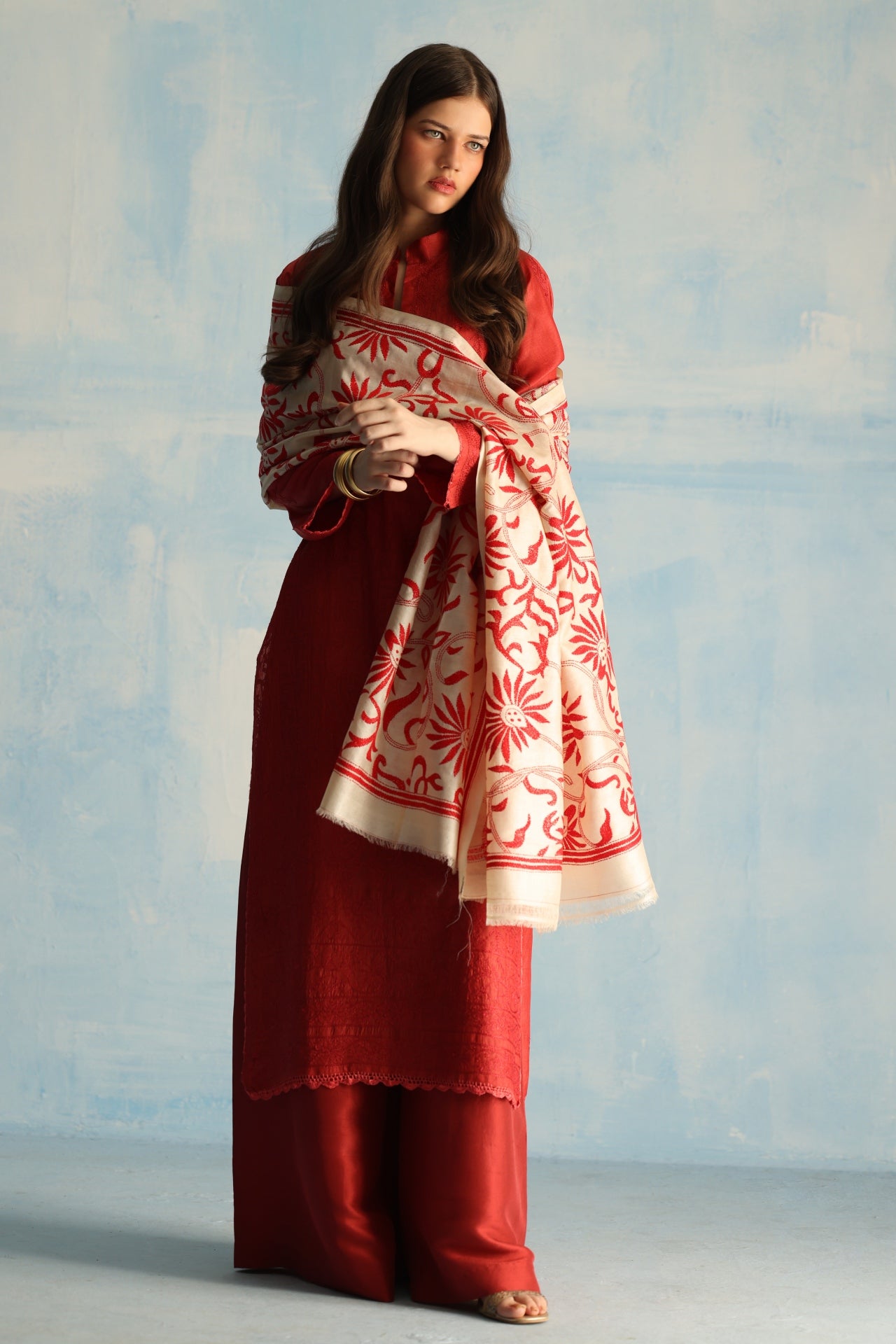 Beige & Red Kantha Dupatta
