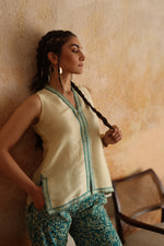 Load image into Gallery viewer, Cream Raw Silk Top &amp; Aqua Green Kantha Pants
