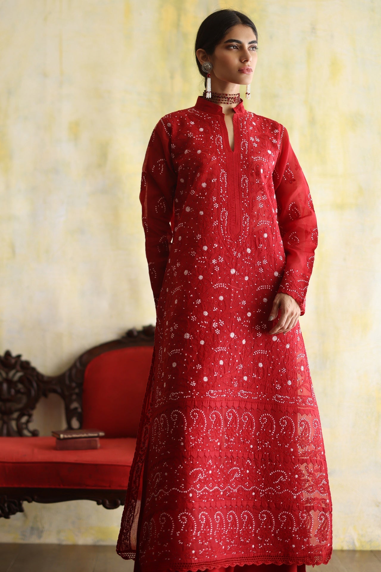 Karigars Essentials Aafrinish By Niazi Deep Red Chikankari Mukesh Kurta Ersa Batool Rizwan Haq Hand Embroidered 