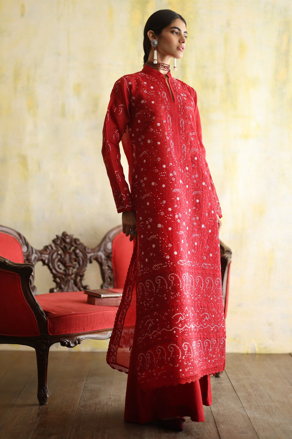 Karigars Essentials Aafrinish By Niazi Deep Red Chikankari Mukesh Kurta Ersa Batool Rizwan Haq Hand Embroidered 