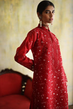 Load image into Gallery viewer, Karigars Essentials Aafrinish By Niazi Deep Red Chikankari Mukesh Kurta Ersa Batool Rizwan Haq Hand Embroidered 
