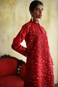 Karigars Essentials Aafrinish By Niazi Deep Red Chikankari Mukesh Kurta Ersa Batool Rizwan Haq Hand Embroidered 