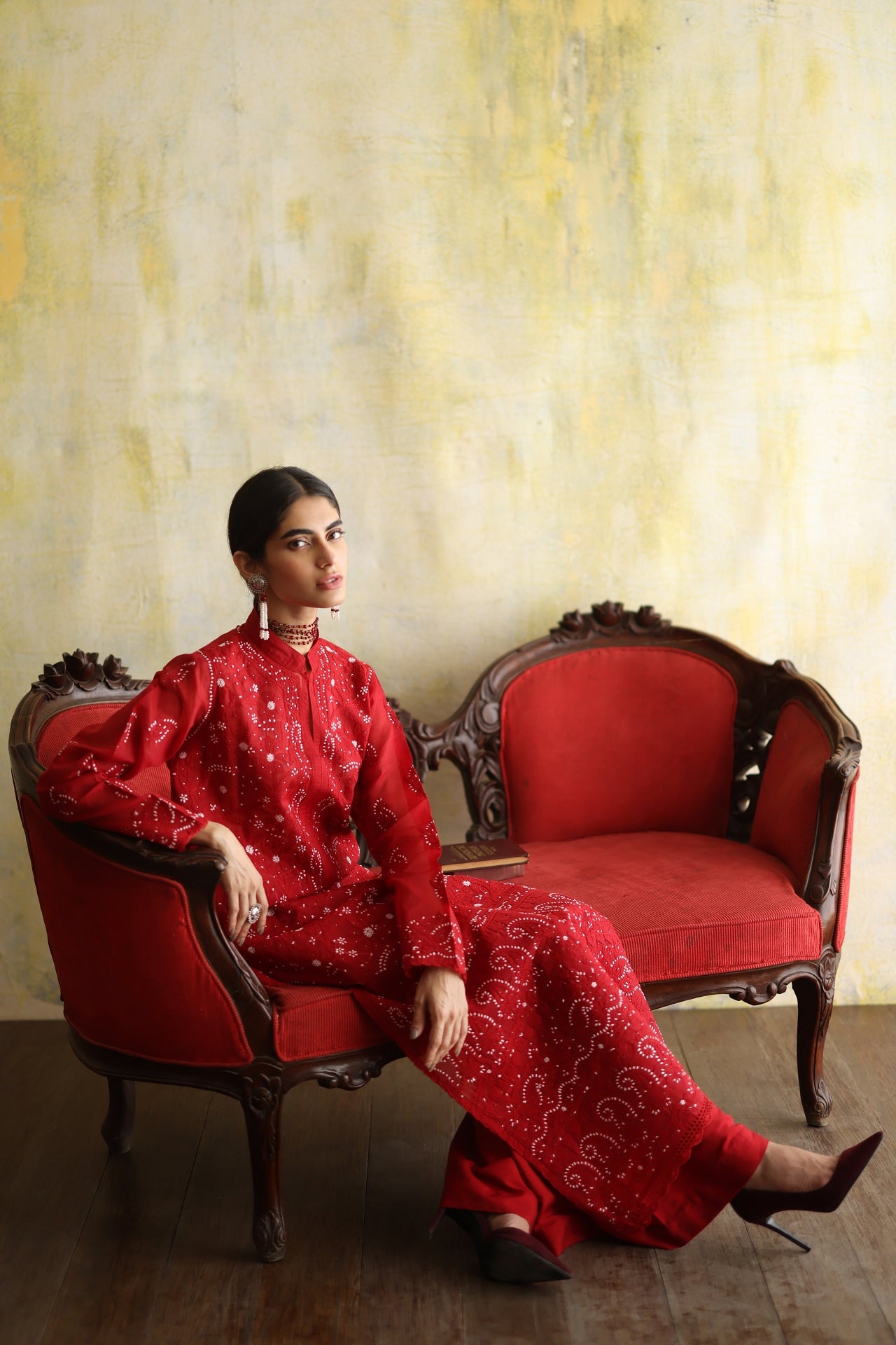 Karigars Essentials Aafrinish By Niazi Deep Red Chikankari Mukesh Kurta Ersa Batool Rizwan Haq Hand Embroidered 