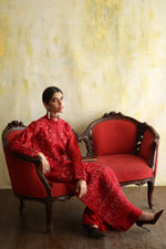 Load image into Gallery viewer, Karigars Essentials Aafrinish By Niazi Deep Red Chikankari Mukesh Kurta Ersa Batool Rizwan Haq Hand Embroidered 
