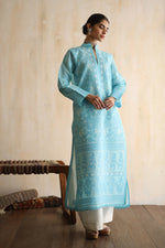 Load image into Gallery viewer, Karigars Essentials Aafrinish By Niazi Aqua Blue Chikankari Mukesh Kurta Ersa Batool Rizwan Haq Hand Embroidered 
