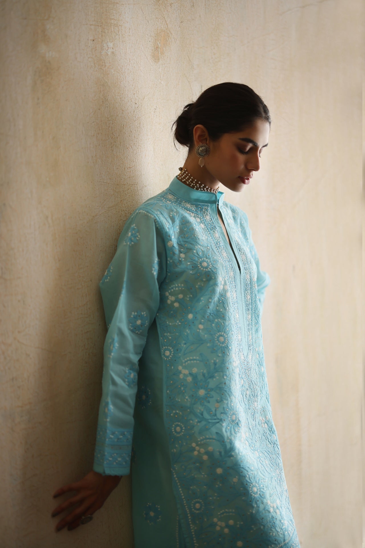 Karigars Essentials Aafrinish By Niazi Aqua Blue Chikankari Mukesh Kurta Ersa Batool Rizwan Haq Hand Embroidered 