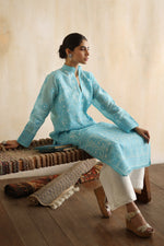 Load image into Gallery viewer, Karigars Essentials Aafrinish By Niazi Aqua Blue Chikankari Mukesh Kurta Ersa Batool Rizwan Haq Hand Embroidered 
