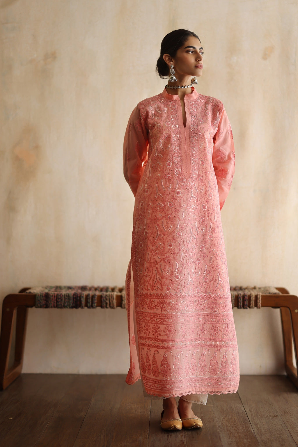 Karigars Essentials Aafrinish By Niazi Peach Blossom Chikankari Mukesh Kurta Ersa Batool Rizwan Haq Hand Embroidered 