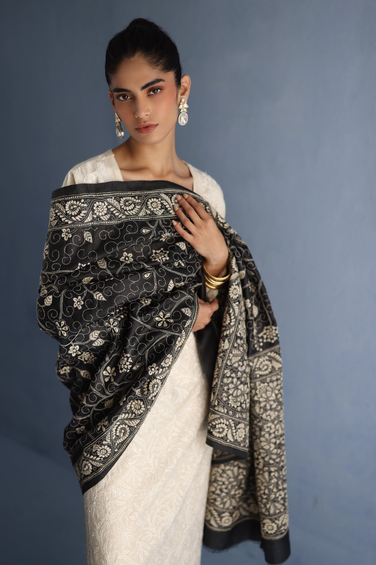 Black and Beige Kantha Dupatta