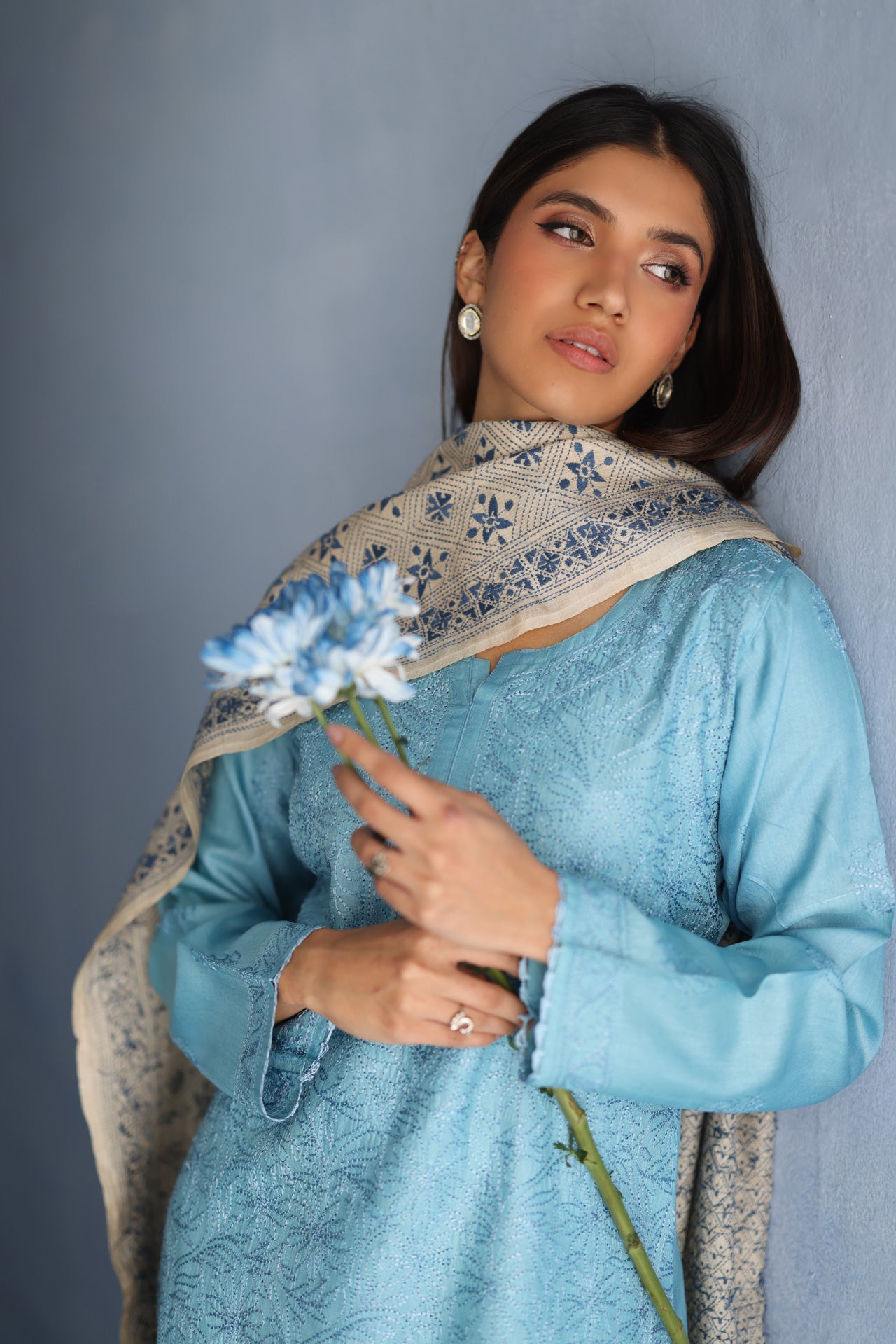 Beige and Blue Kantha Dupatta