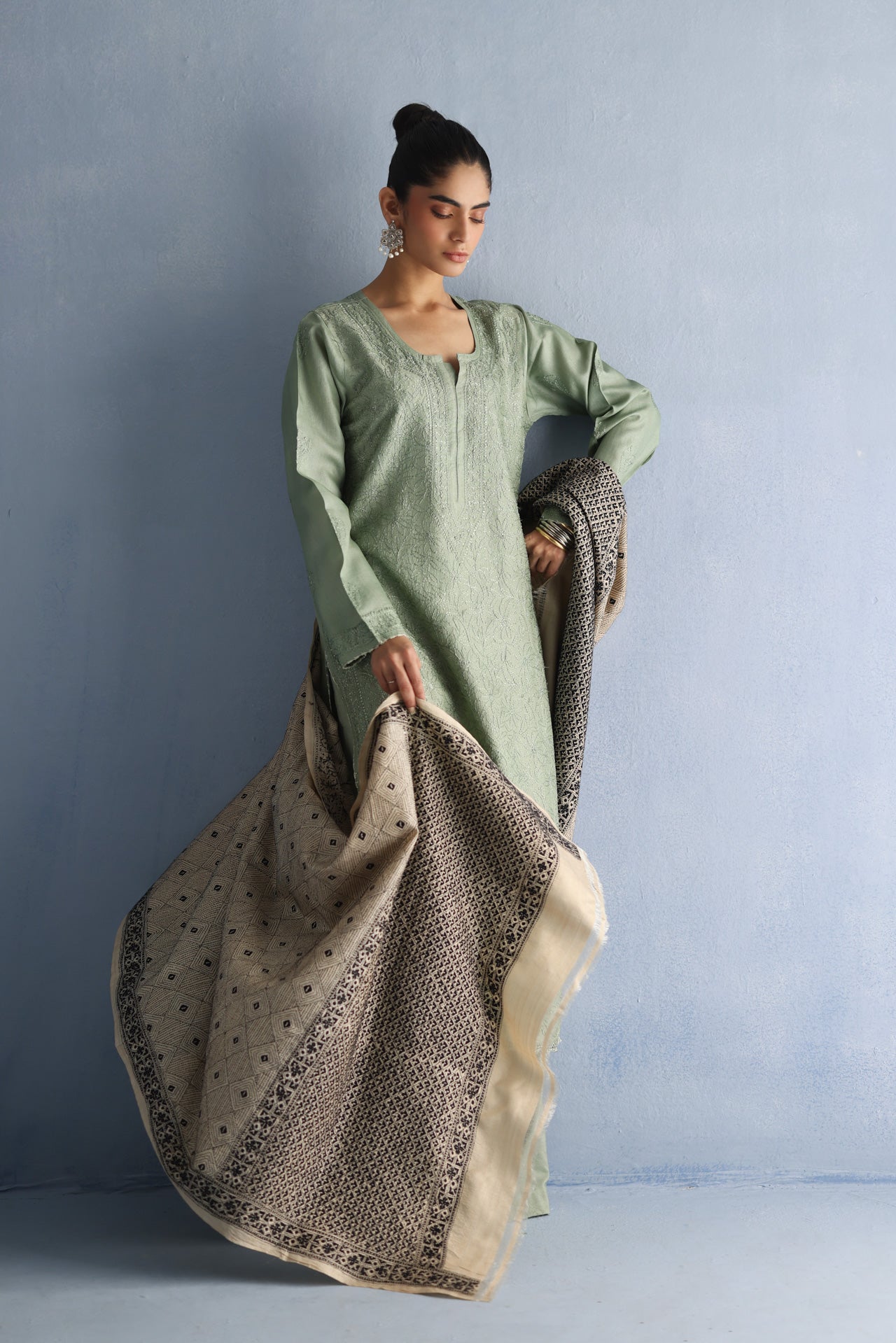 Beige and Black Kantha Dupatta