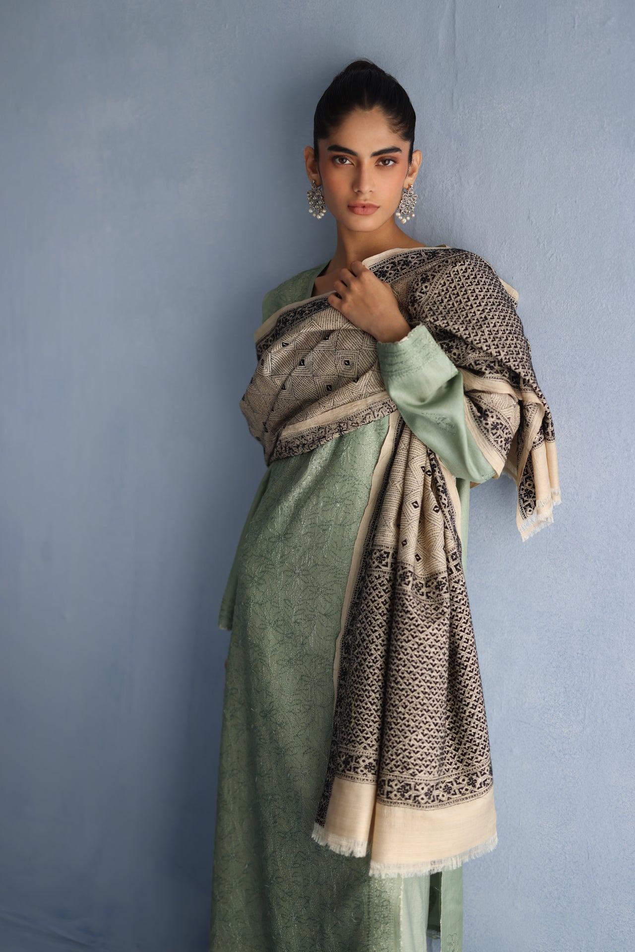 Beige and Black Kantha Dupatta