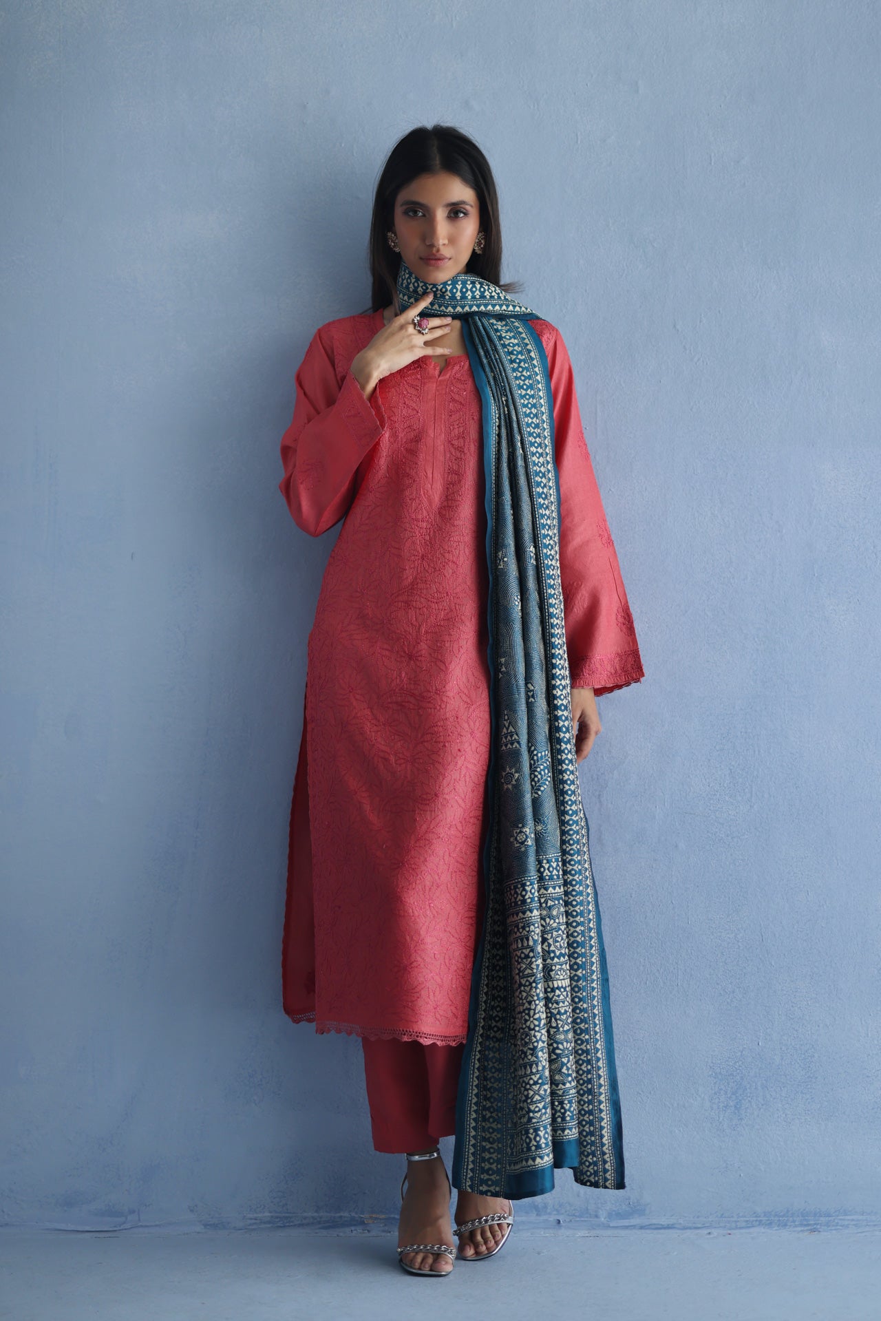 Teal and Beige Kantha Dupatta