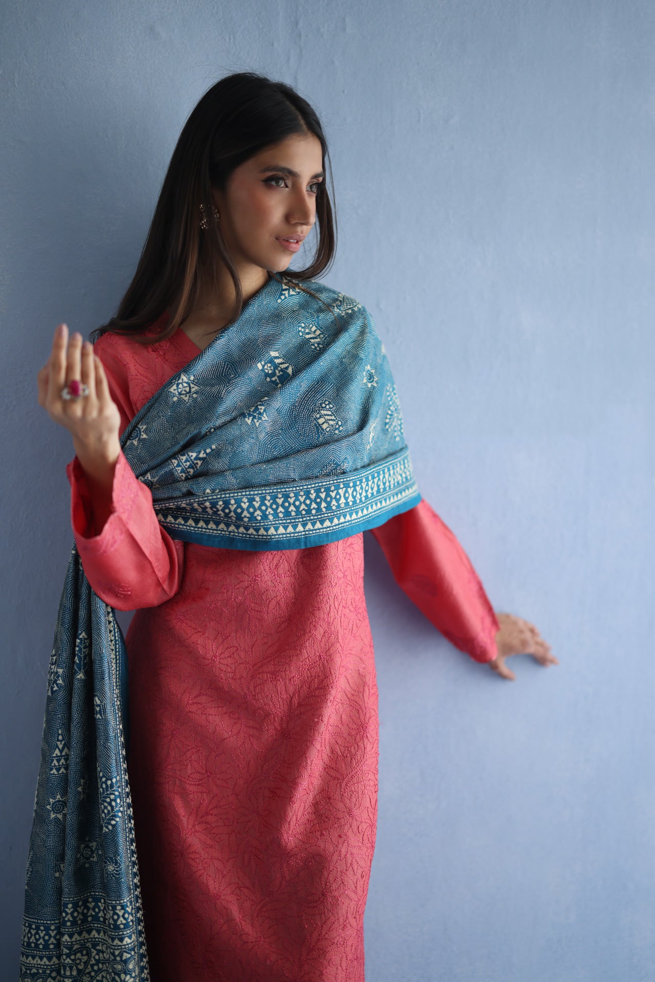 Teal and Beige Kantha Dupatta