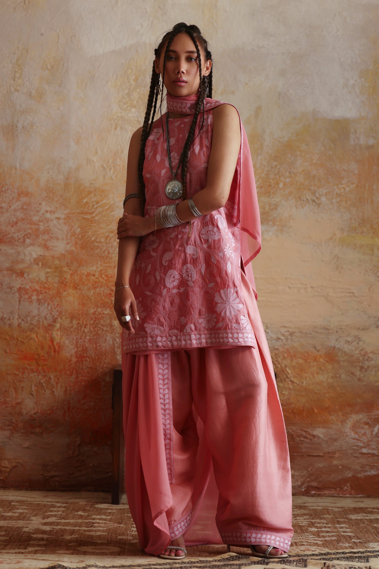 Pink & White Floral Kantha Shirt, Shalwar & Dupatta
