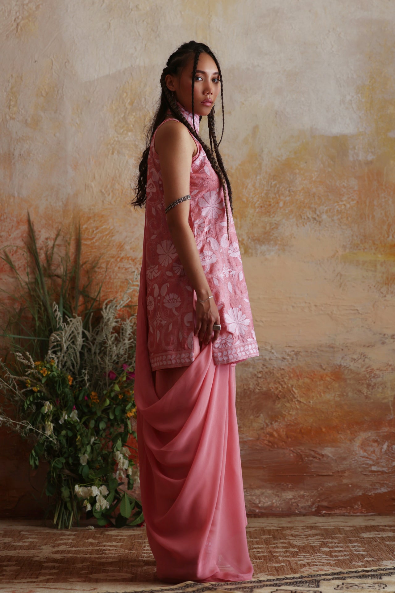 Pink & White Floral Kantha Shirt, Shalwar & Dupatta