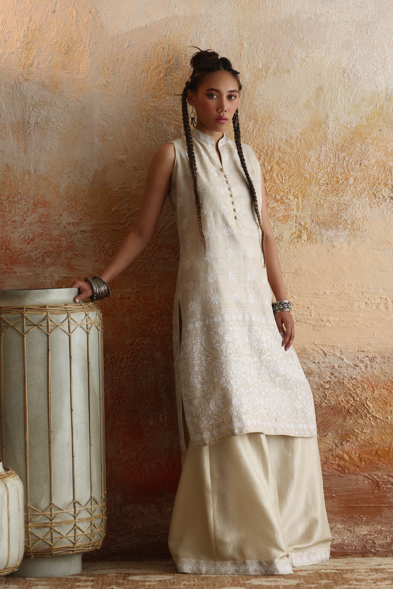 Beige & White Kantha Shirt & Palazzo