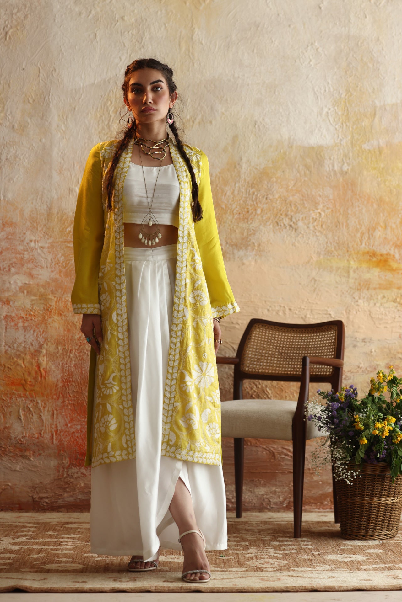 Yellow Floral Kantha Jacket & Skirt