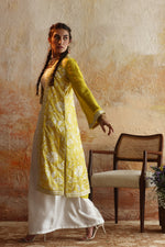 Load image into Gallery viewer, Yellow Floral Kantha Jacket &amp; Skirt
