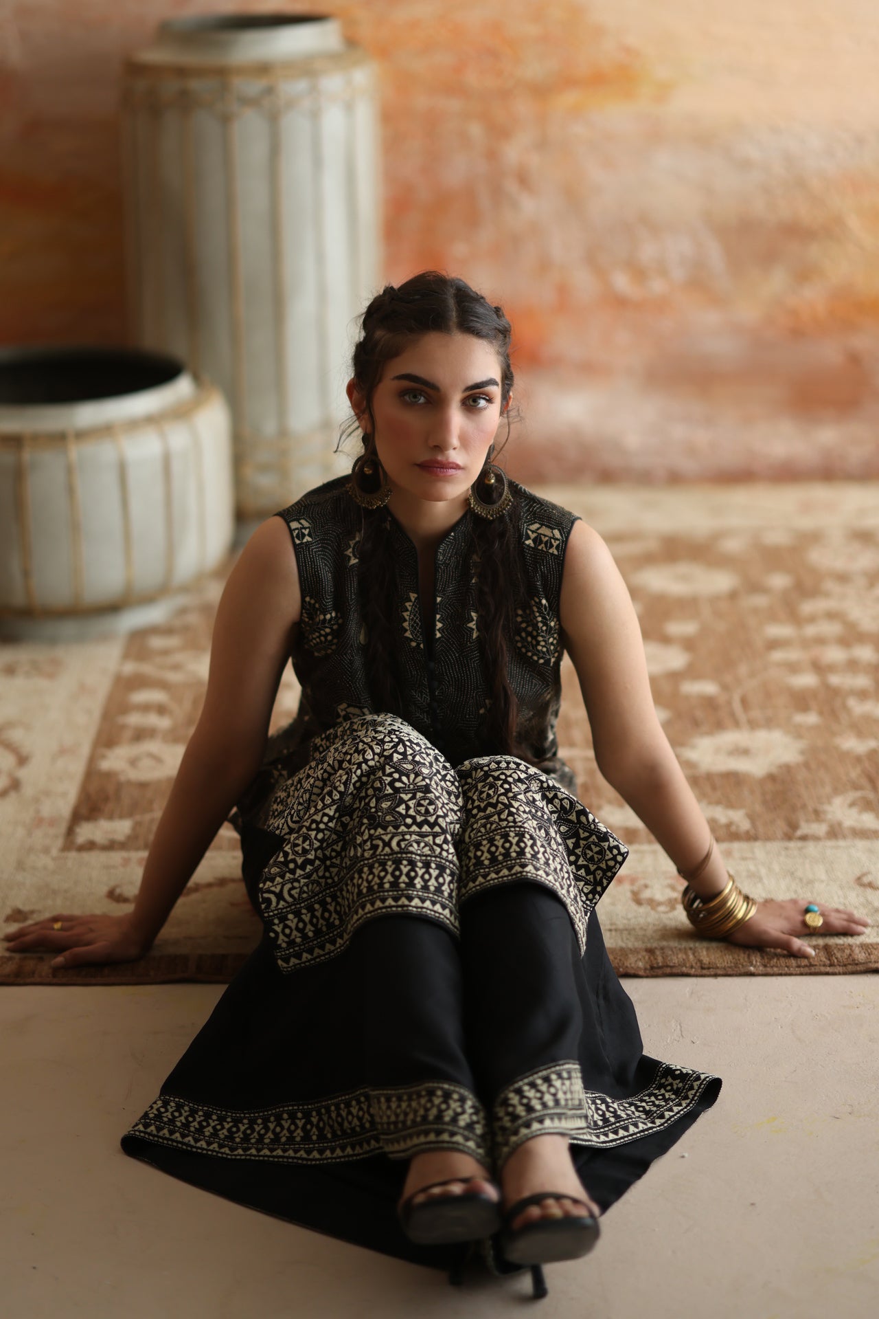 Black & Beige Kantha Shirt & Palazzo