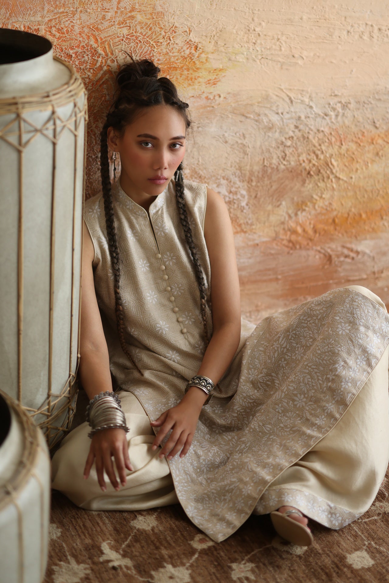 Beige & White Kantha Shirt & Palazzo