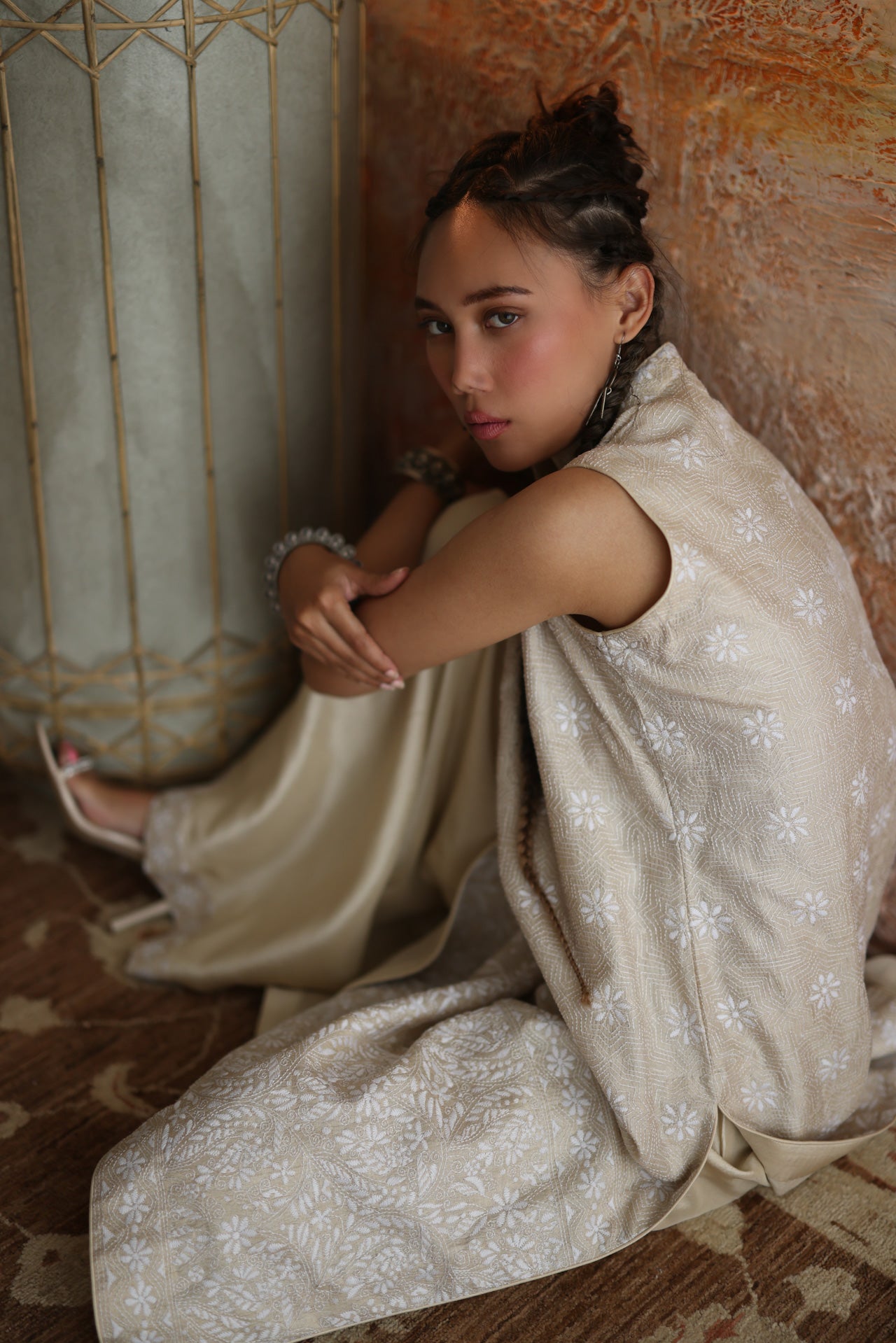 Beige & White Kantha Shirt & Palazzo