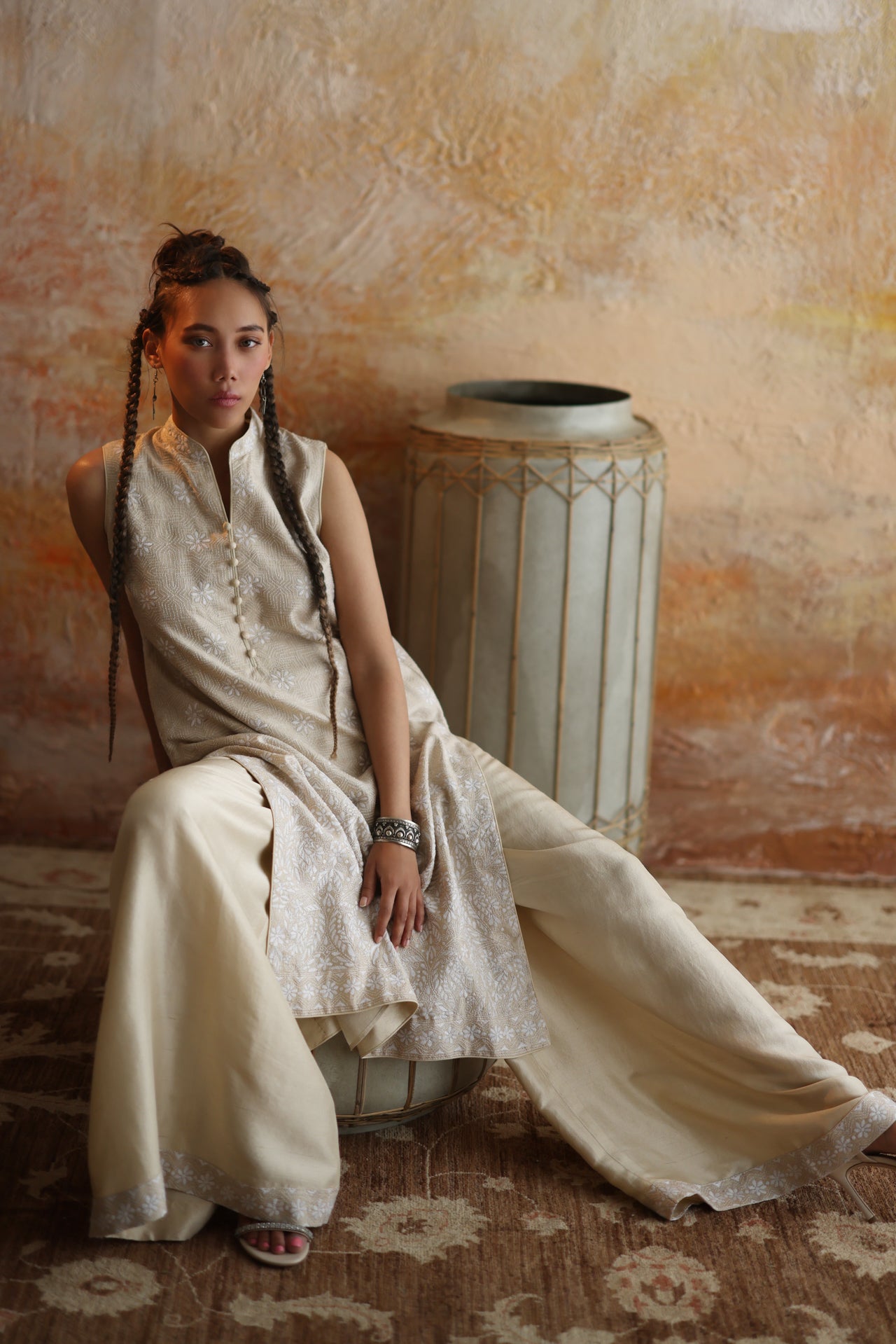 Beige & White Kantha Shirt & Palazzo