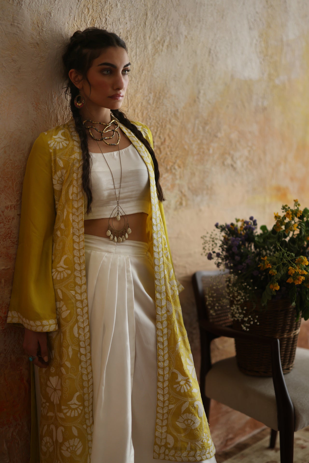 Yellow Floral Kantha Jacket & Skirt