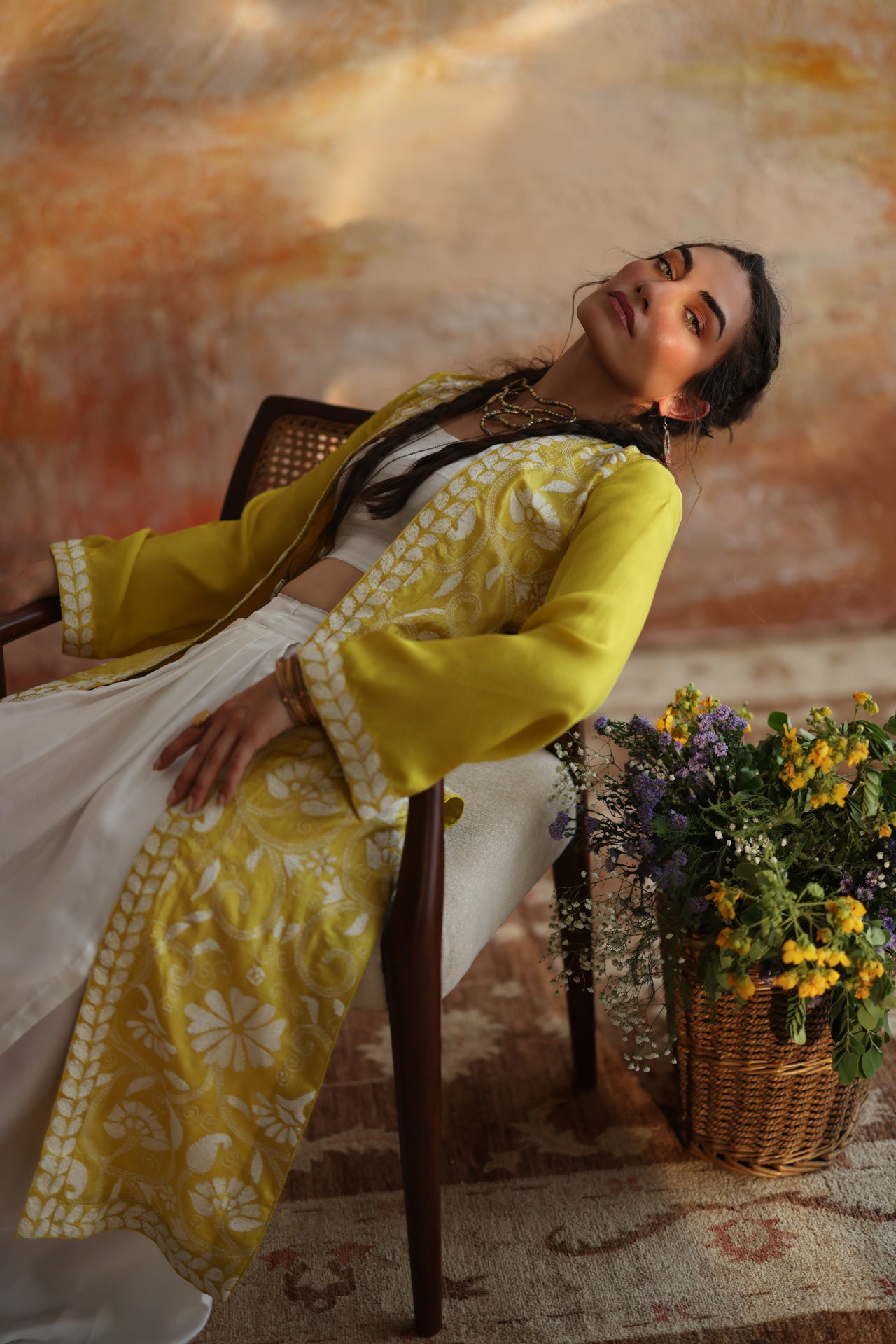 Yellow Floral Kantha Jacket & Skirt