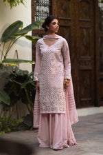 Load image into Gallery viewer, Maryam Raza in Aafrinish Pale Pink Chikankari and Gota shirt, Izaar and dupatta. Shot in an old havelli.
