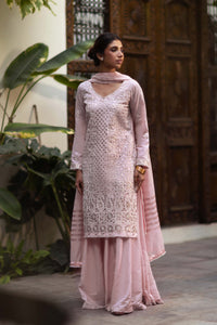 Maryam Raza in Aafrinish Pale Pink Chikankari and Gota shirt, Izaar and dupatta. Shot in an old havelli.
